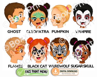 HALLOWEEN Face Painting Menu Bundle for Kids Parties | Simple Face Paint Signs | Werewolf, Pumpkin, Ghost, Vampire....