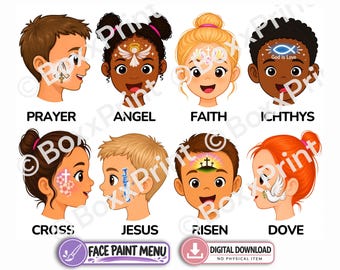 Christian Face Painting Menu Bundle | Simple Face Paint Signs | VBS Church Festival | Sunday School | Bible Camp | Religious Face Painting