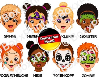 GERMAN VERSION Halloween Face Painting Menu for Kids Parties | Kinderschminken Vorlagen (A4 PDF Download)