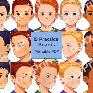 Face Paint PRACTICE BOARDS – 5 Boys | Front & Side Views | 15 Printable Sheets | Training Template