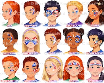 4. Juli Face Paint Menüboard | Independence Day Facepainting Designs | Druckbares USA Face Paint Menü | 15 Designs + Übersichts-PDF