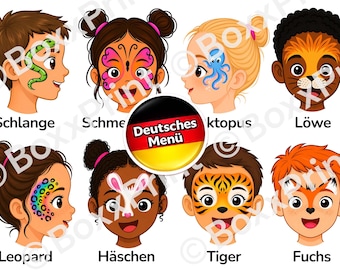 DEUTSCHE VERSION – Tier Face Paint Menü Vorlagen für Kinderpartys | Einfache Kinderschminken Vorlagen – Din A4 PDF Sofortdownload