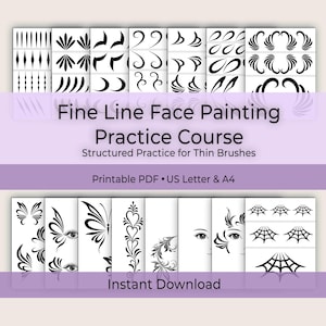 以下が含まれることがあります： 白黒のデザインが施された、印刷可能なPDFのフェイスペインティング練習コース。このコースには、細いブラシの構造化された練習が含まれており、蝶、目、クモの巣など、さまざまなパターンが特徴です。画像には「Fine Line Face Painting Practice Course」と書かれています。