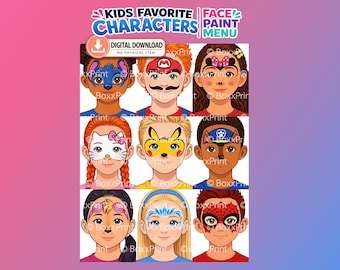 Kids Favorite Characters Face Paint Menu | Printable Simple Face Painting Board | Instant Download