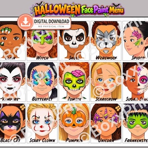 15 HALLOWEEN Face Paint MENU BOARDS – Printable Simple Face Painting Designs with Text | Zombie, Witch, Pumpkin, Spider, Vampire & More