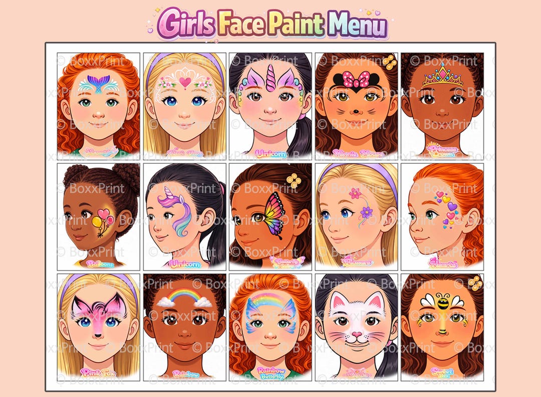 15 Face Paint MENU BOARDS for Girls – Printable Simple Face Painting ...