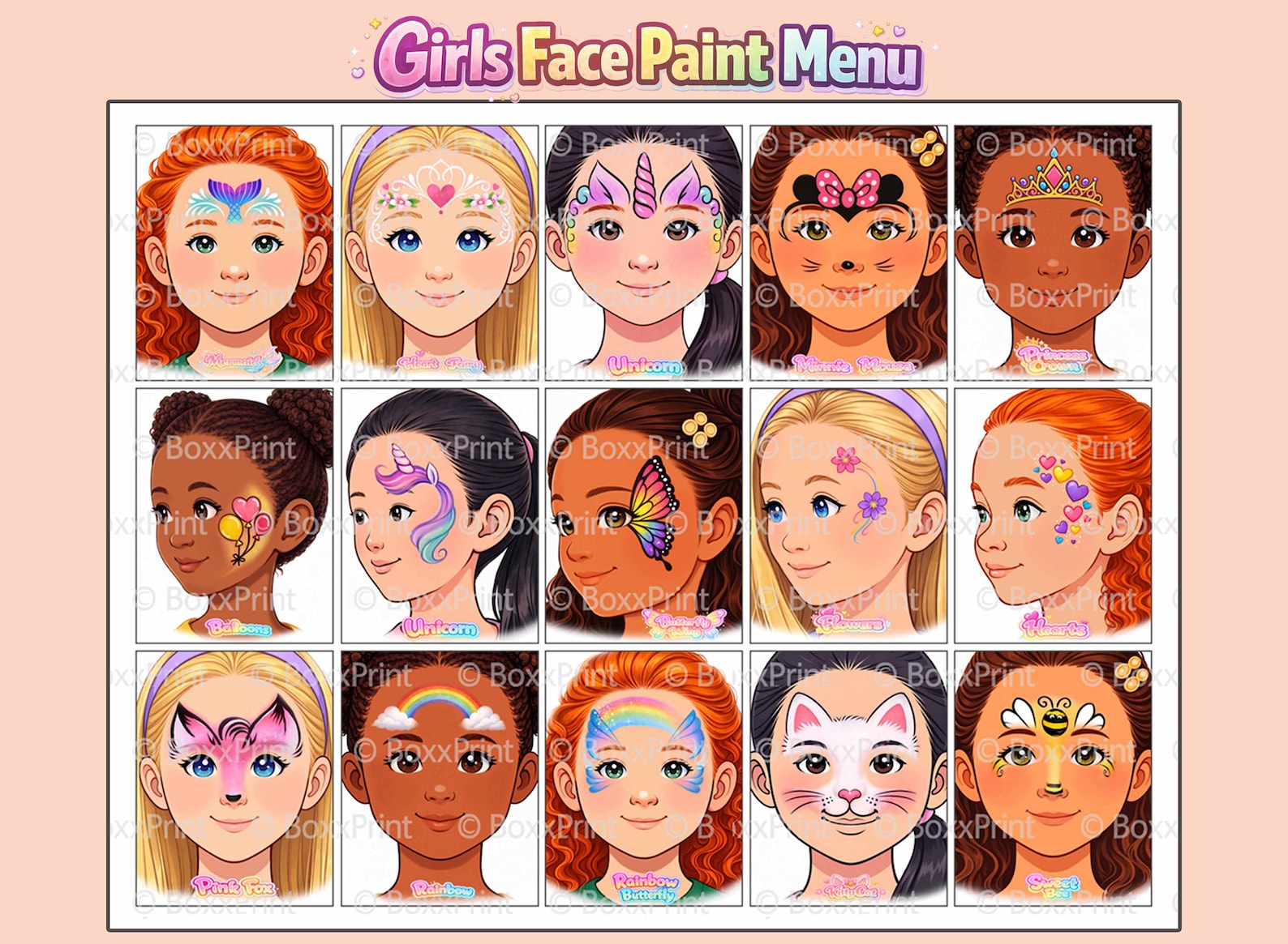15 Face Paint MENU BOARDS for Girls – Printable Simple Face Painting ...