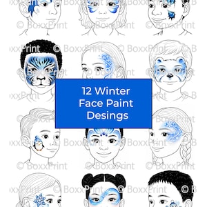 Op de afbeelding: Een vel met 12 winterse gezichtsverfdesigns. De ontwerpen omvatten een blauw-witte tijger, een vlinder, een sneeuwvlok en een sneeuwpop. De tekst "12 Winter Face Paint Designs" wordt weergegeven in een blauwe rechthoek.