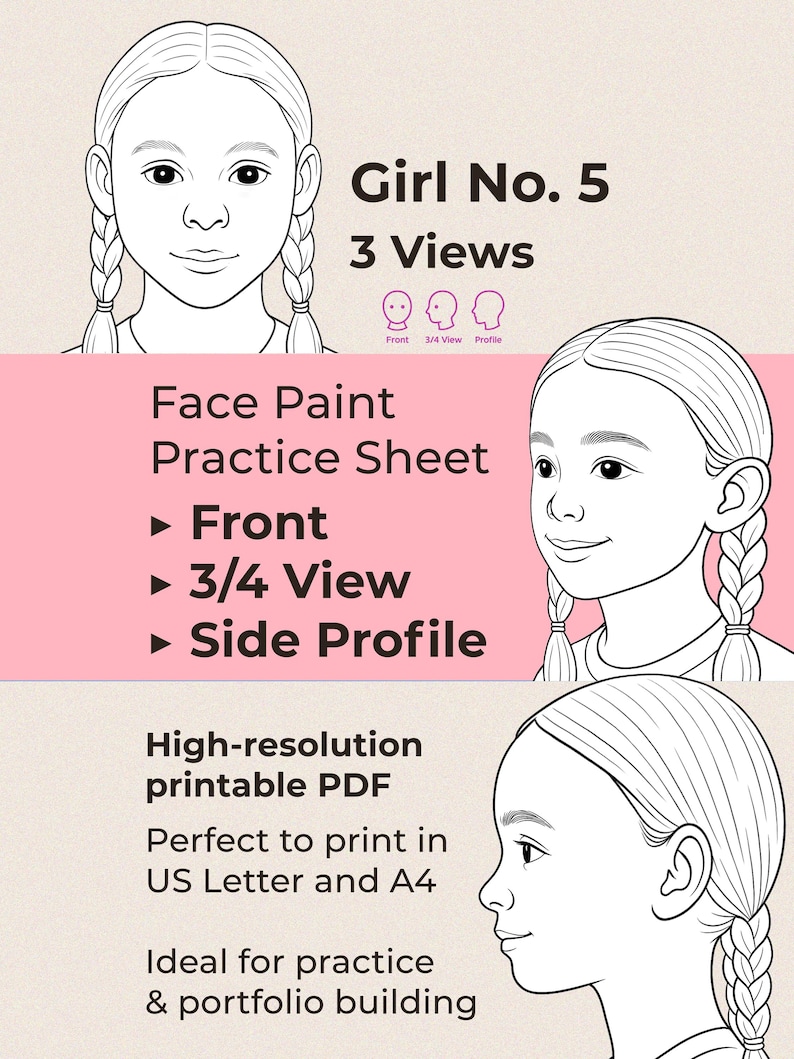Face Paint Practice Sheet - Girl Template (3 Views) - Printable PDF - Etsy
