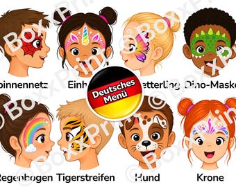 DEUTSCHE VERSION – Face Paint Menü Vorlagen für Kinderpartys | Einfache Kinderschminken Vorlagen | Din A4 - Sofortdownload