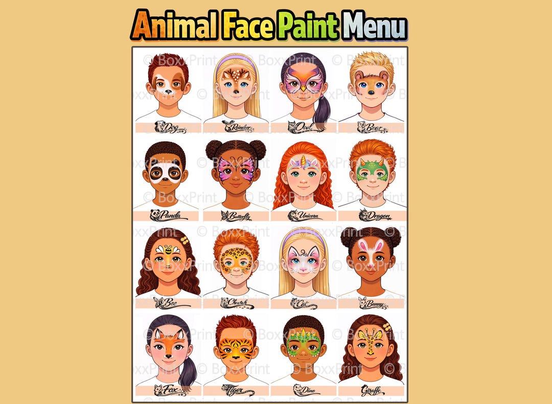 16 Simple Face Paint MENU - Face Paint Animals Designs - MENU BOARDS ...