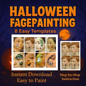 Eenvoudige set met HALLOWEEN-schminksjablonen | 8 stapsgewijze schminken ontwerpen voor kinderen | Afdrukbare pdf