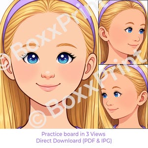 Könnte beinhalten: Digitale Illustration einer Person mit heller Haut, langen blonden Haaren, blauen Augen und einem lila Stirnband. Das Bild zeigt drei Ansichten des Gesichts der Person. Der Text unten lautet "Practice board in 3 Views Direct Download (PDF & IPG)".