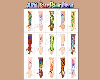 15 Arm Face Paint Designs | Printable Face Painting Menu | Hand & Forearm Board | US Letter PDF | (Digital Download)
