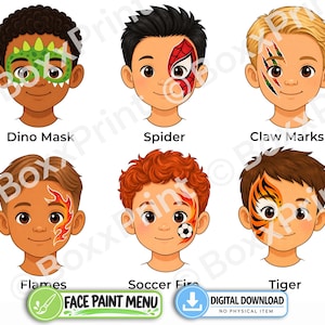 May include: A digital face paint menu featuring six illustrations of children with various designs: a green dino mask, a red spider web, red claw marks, orange flames, a soccer ball with fire, and tiger stripes. Text includes labels for each design.