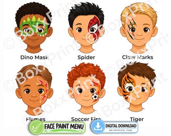 Simple Face Paint Menu Boys | Easy Face Painting | Beginner Friendly | 6 Designs + Layouts - Soccer, Spiderman, Dino & More