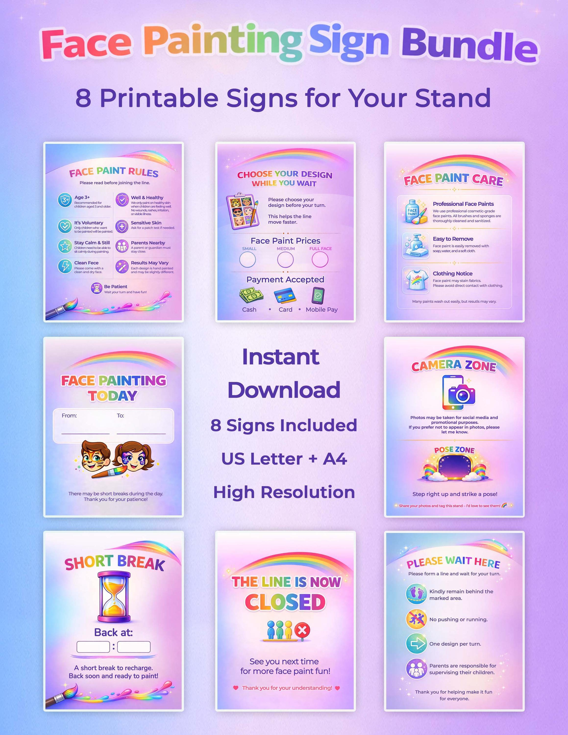 Face Paint Sign Bundle | 8 Printable Signs for Face Painting Stand ...