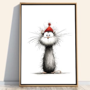 Puede incluir: Ilustración humorística de una criatura peluda con un gorro rojo. La obra de arte es un boceto en blanco y negro de una criatura de largos bigotes y ojos grandes, sobre un fondo blanco y enmarcada en un marco de madera. La criatura parece sorprendida.