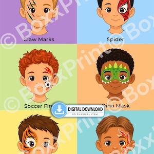 May include: A digital download graphic featuring six illustrations of faces with various face paint designs: claw marks, a spider web mask, a soccer ball with flames, a green dinosaur mask, a tiger stripe pattern, and red and orange flames.