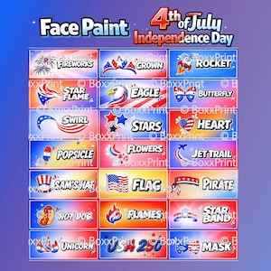 4th of July Schminkvorlagen Menü | Patriotische Kinderschminke | USA Face Paint Menu | 21 Designs + Übersicht