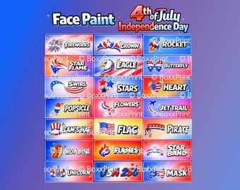 4th of July Schminkvorlagen Menü | Patriotische Kinderschminke | USA Face Paint Menu | 21 Designs + Übersicht