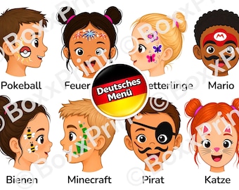 DEUTSCHE VERSION – Face Paint Menü Vorlagen für Kinderpartys | Einfache Kinderschminken Vorlagen | 8 Motive – Din A4 PDF Sofortdownload