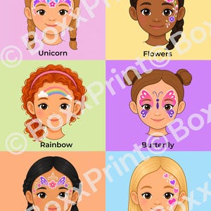 Op de afbeelding: Zes illustraties van kinderen met schminkontwerpen. De ontwerpen omvatten een eenhoorn, bloemen, een regenboog, een vlinder, een prinses en harten. Elke illustratie heeft de naam van het ontwerp eronder.