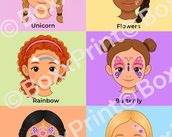 Einfaches Face Paint Menü Mädchen | Einfaches Face Painting | 6 Designs – Regenbogen, Schmetterling, Einhorn & mehr