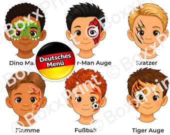 DEUTSCHES MENÜ – Einfaches Face Paint Menü für Jungs | Kinderschminken Vorlagen (Din A4 - PDF - Sofortdownload)