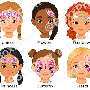 Könnte beinhalten: Eine digitale Illustration mit sechs Gesichtern und verschiedenen Schminkmotiven, beschriftet als Unicorn, Flowers, Rainbow, Princess, Butterfly und Hearts. Jedes Gesicht zeigt einzigartige bunte Muster wie ein Horn, Blumenmotive, einen Regenbogen, kronenartige Details, Schmetterlingsflügel und Herzformen.