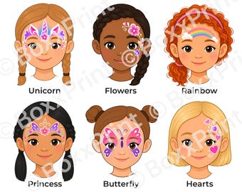 Einfaches Face Paint Menü Mädchen | Einfaches Face Painting | 6 Designs – Regenbogen, Schmetterling, Einhorn & mehr