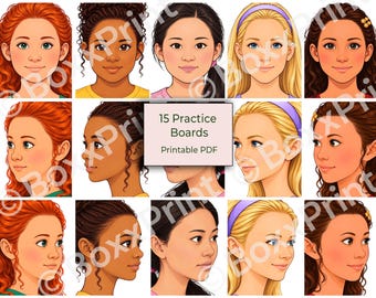 Face Paint PRACTICE BOARDS – 5 women | Each Woman Front & Side Views | 15 Printable Sheets | Training Template