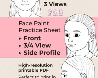 Mädchen Nr. 1 – Face-Paint-Übungsblatt | 3 Ansichten (Frontal, 3/4, Profil) – Druckbares PDF perfekt für Din A4