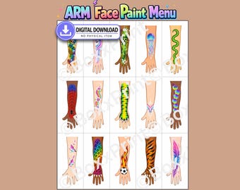 15 Arm Face Paint Designs | Printable Face Painting Menu | Hand & Forearm Board | US Letter PDF | (Digital Download)