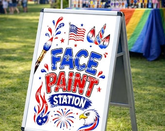 4.Juli Face Paint Station Poster | Druckbares Ereignisschild für den Unabhängigkeitstag | Bunter Kinderschminzierstand Dekor