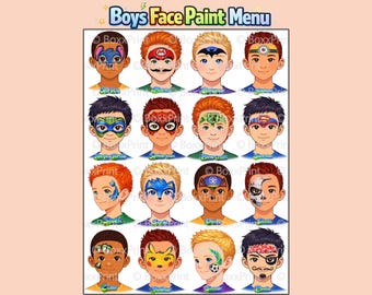 16 MENU' con pittura facciale per ragazzi - Semplici disegni stampabili per pittura facciale con testo / Spiderman, Pikachu, Sonic, Minecraft, Minion e altro
