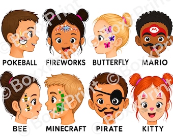 Einfaches Face Painting Menü für Kindergeburtstage | Face Paint Schilder | Schmetterling Katze Pirat Super Mario Pokemon ....