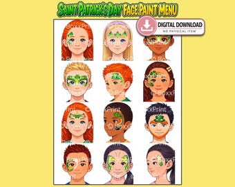 12 Saint Patrick’s Day Face Painting Menu Board – Printable - Irish Designs – Shamrock Rainbow Leprechaun – Simple Face Paint Menu