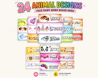 24 Tier Face Paint Word Menu Boards | Druckbare Face Painting Schilder | Perfekt für Face Painter Displays | Sofort-Download PDF & JPG