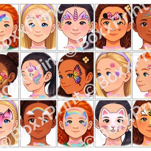 May include: A set of illustrated face paint designs featuring various themes like unicorns, butterflies, and rainbows. Each design is displayed on a different child's face, showcasing a range of skin tones and hairstyles. The designs include text labels such as "Unicorn" and "Rainbow Butterfly".