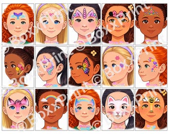 15 MENÚS DE PINTURA FACIAL PARA NIÑAS: Diseños imprimibles sencillos de pintura facial con texto: unicornio, arcoíris, mariposa, princesa y más