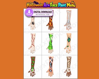 9 HALLOWEEN Arm Face Paint Designs | Printable Face Painting Menu | Hand & Forearm Board | US Letter PDF | (Digital Download)