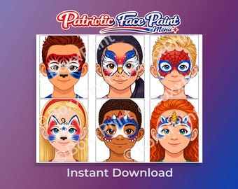6 einfache 4th of July Face Paint Designs – Menüvorlagen – Druckbare Face-Painting-Vorlagen PDF