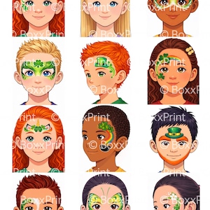 May include: A collection of illustrations of children's faces with various face paint designs. The designs include shamrocks, rainbows, butterflies, and a leprechaun hat, all in vibrant colors. The artwork is suitable for St. Patrick's Day or other festive occasions.