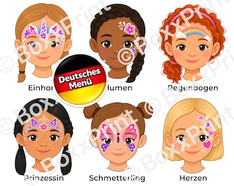 DEUTSCHES MENÜ – Einfaches Face Paint Menü für Mädchen | Kinderschminken Vorlagen (Din A4 - PDF - Sofortdownload)
