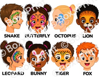 Einfaches Tier Face Painting Menü für Kindergeburtstage | Face Paint Schilder | Tiger Löwe Schmetterling Fuchs Hase....