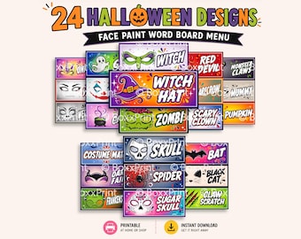 24 Halloween Face Paint Word Menu Board | Printable Face Painter Signs (Digital Download)