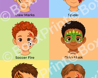 Einfaches Face Paint Menü für Jungs| Face Painting | 6 Designs – Spiderman, Dino, Tiger & mehr