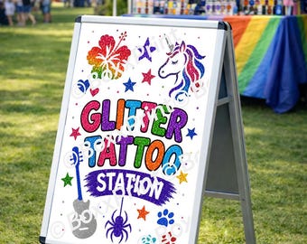 Colorful Glitter Tattoo Station Poster | Printable Event Sign | Glitter Tattoo Booth Decor (Digital Download)