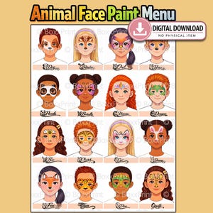 Pode incluir: Um menu de pintura facial de animais em download digital com dezasseis ilustrações de rostos pintados como vários animais, incluindo cão, rena, coruja, urso, panda, borboleta, unicórnio, dragão, abelha, chita, gato, coelho, raposa, tigre, dino e girafa.